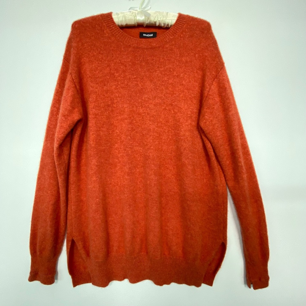 Naadam Womens Sweater Size L Orange Cashmere Blend Side Slit Crewneck Knit Top